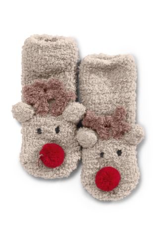 Brown Reindeer Fluffy Socks (Younger Boys)